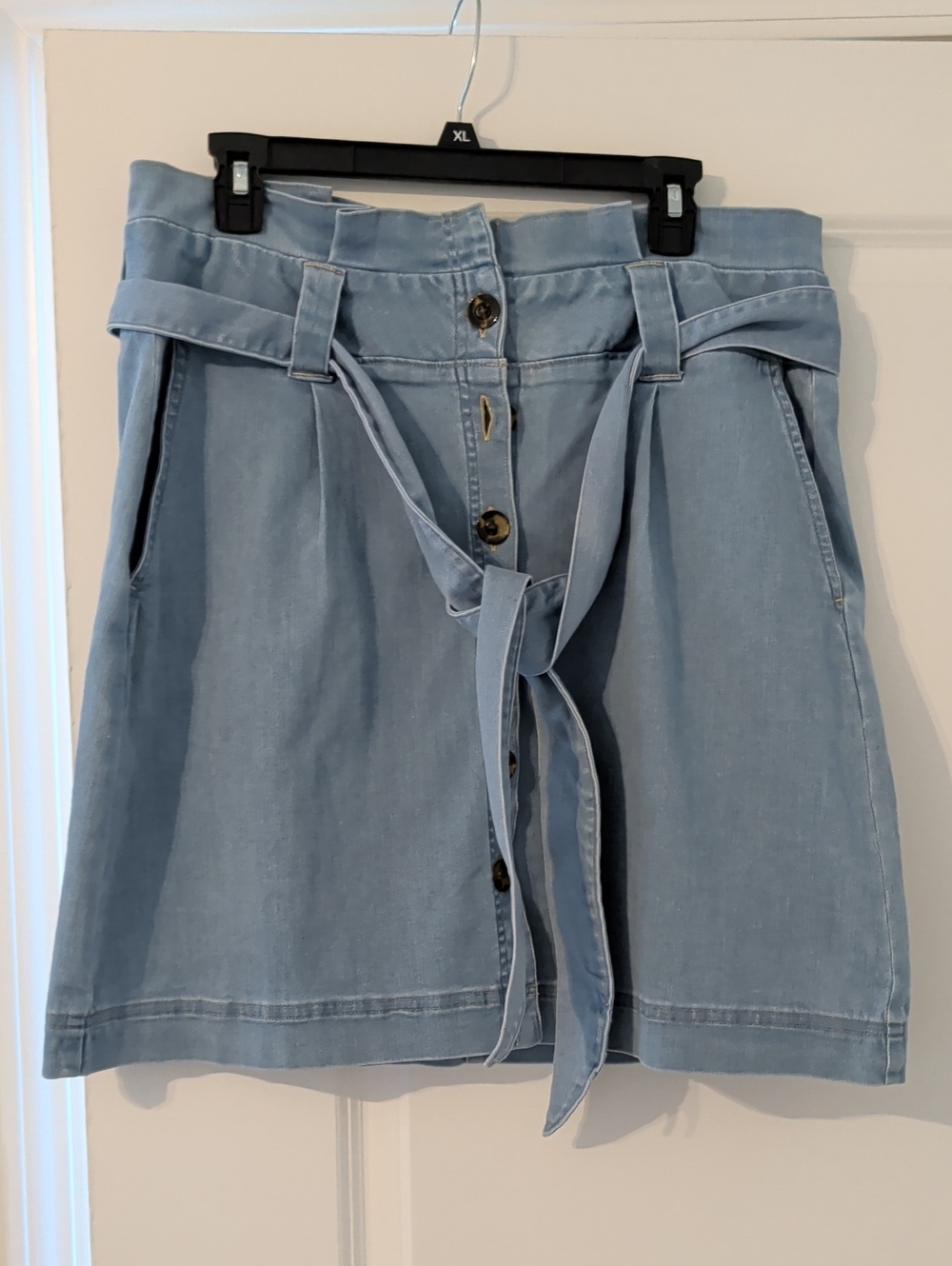Light Blue Paperbag Waist Denim Skirt with Tie Belt